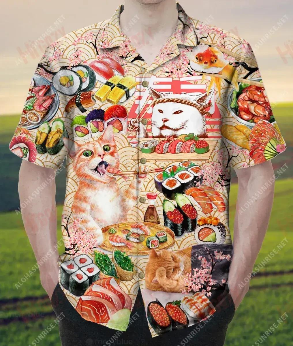 Sushi And Cats Make Me Happy Unisex Hawaiian Shirt Ocean Short Sleeve Best Hawaiian Shirts Hawaiian Shirts For Men, Hawaiian Shirt Gift, Christmas Gift