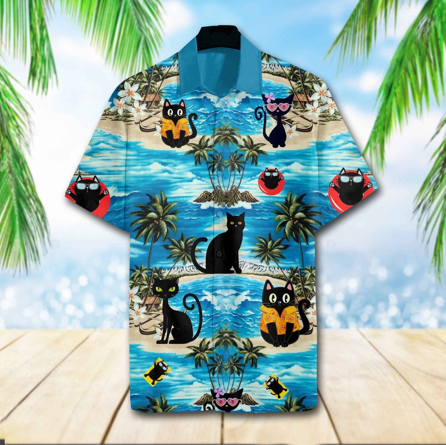 Summer Vibe Black Cat Beach Design Hawaiian Shirt, Hawaiian Shirt Gift, Christmas Gift