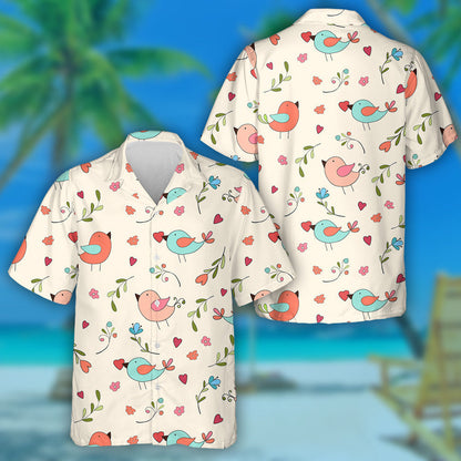 Cute Birds With Colorful Flowers Leaves And Hearts Hawaiian Shirt, Hawaiian Shirt Gift, Christmas Gift