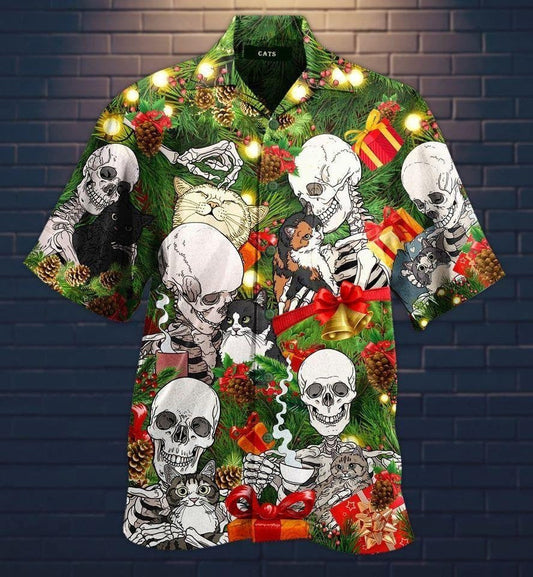 Christmas Skull Love Cat Green Vintage Style Design Hawaiian Shirt, Hawaiian Shirt Gift, Christmas Gift