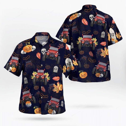 Illustration Hawaiian Shirt Jeep Halloween Pumpkin Skull, Hawaiian For Gift