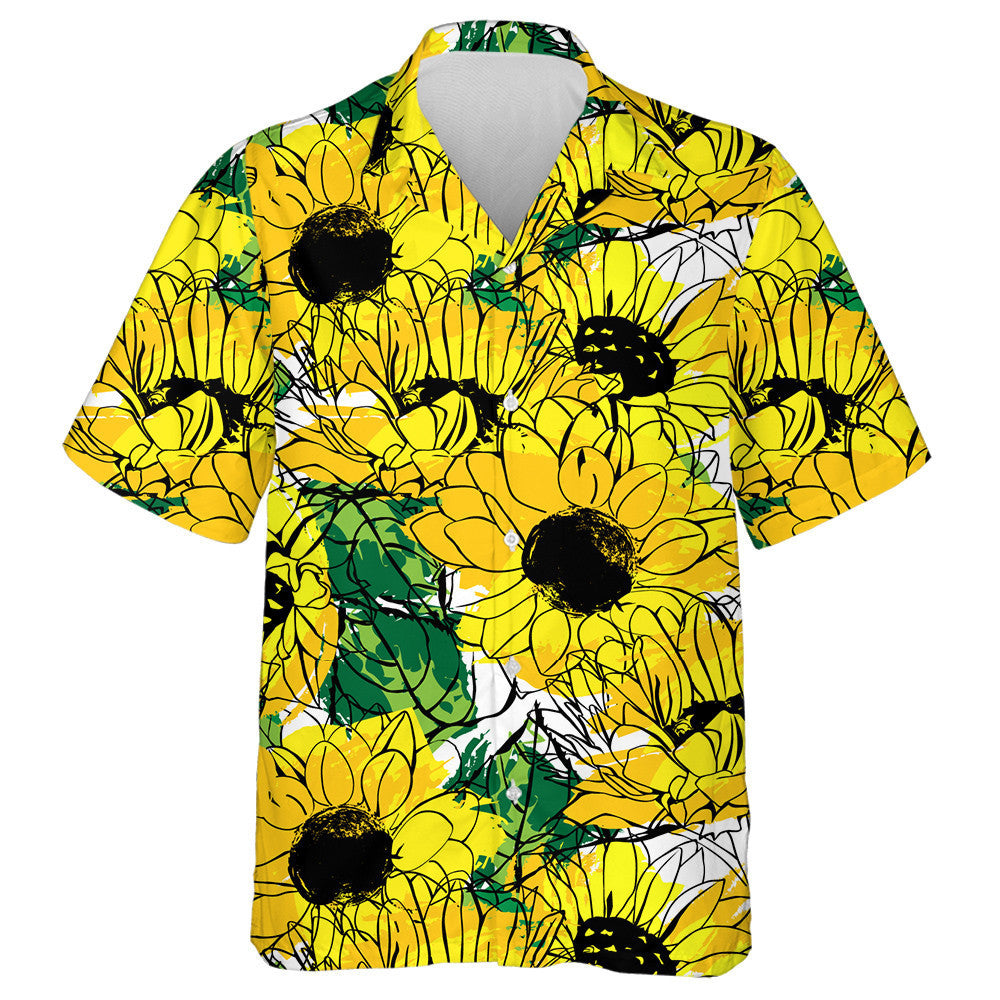 Golden Yellow And Orange Sunflowers With Green Leaves Hawaiian Shirt, Hawaiian Shirt Gift, Christmas Gift
