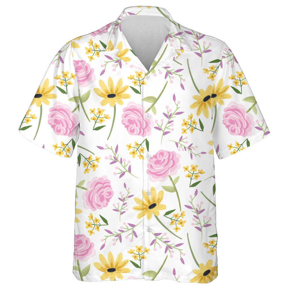 Charming Roses And Sunflowers Pattern On White Background Hawaiian Shirt, Hawaiian Shirt Gift, Christmas Gift