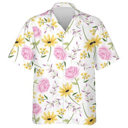 Charming Roses And Sunflowers Pattern On White Background Hawaiian Shirt, Hawaiian Shirt Gift, Christmas Gift