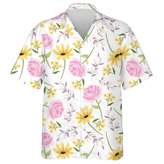 Charming Roses And Sunflowers Pattern On White Background Hawaiian Shirt, Hawaiian Shirt Gift, Christmas Gift