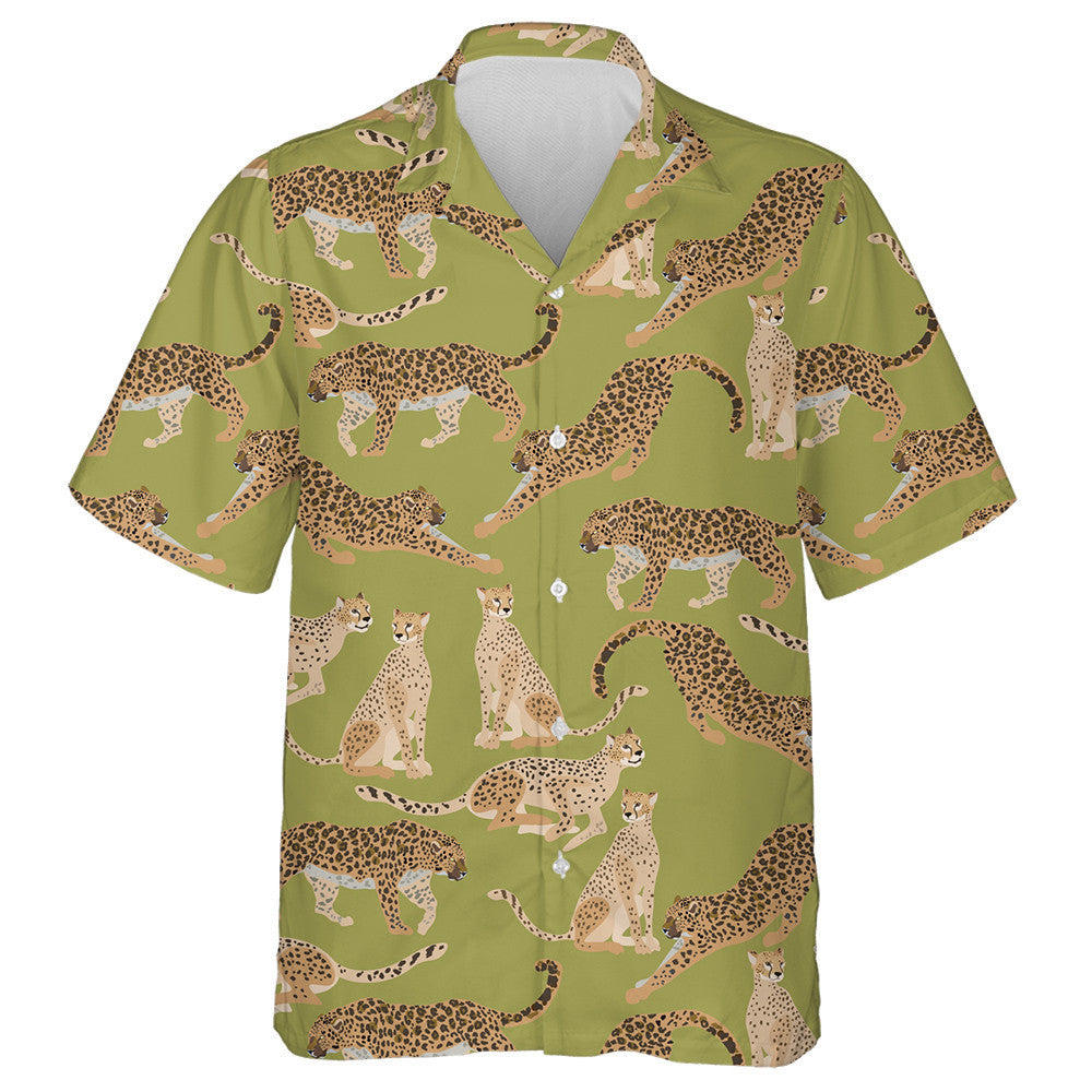 Modern Trendy Jaguars And Leopards On Moss Green Background Hawaiian Shirt, Hawaiian Shirt Gift, Christmas Gift