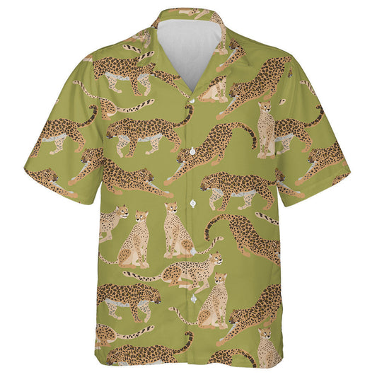Modern Trendy Jaguars And Leopards On Moss Green Background Hawaiian Shirt, Hawaiian Shirt Gift, Christmas Gift