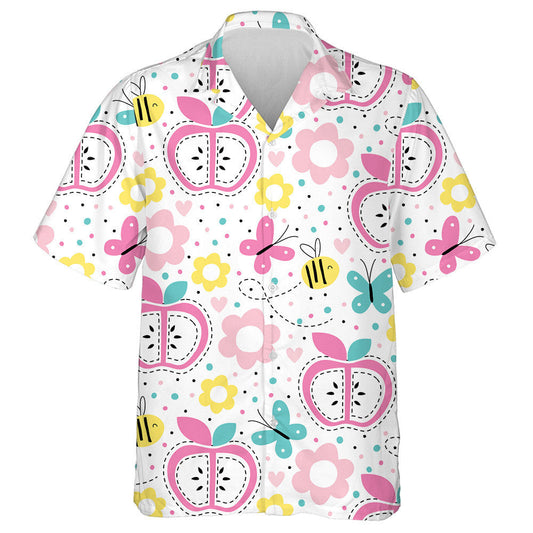 Hand Drawn Pink Apple With Hearts And Butterflies Hawaiian Shirt, Hawaiian Shirt Gift, Christmas Gift
