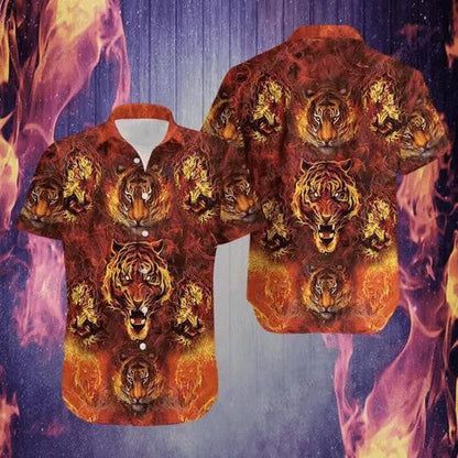 Fire Tiger Warm Colored Pattern Hawaiian Shirt,Hawaiian Shirt Gift, Christmas Gift