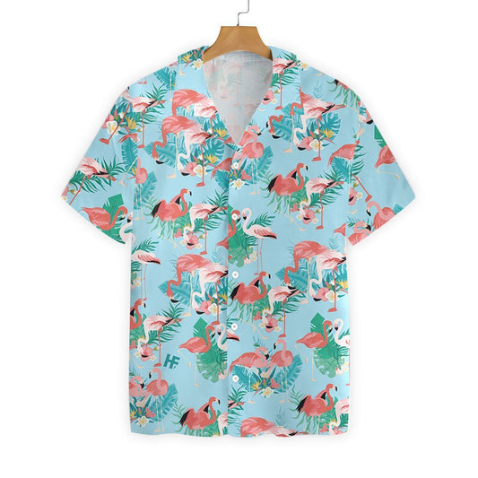 Flamingo In Love Beautiful Leave Blue Style Hawaiian Shirt, Hawaiian Shirt Gift, Christmas Gift