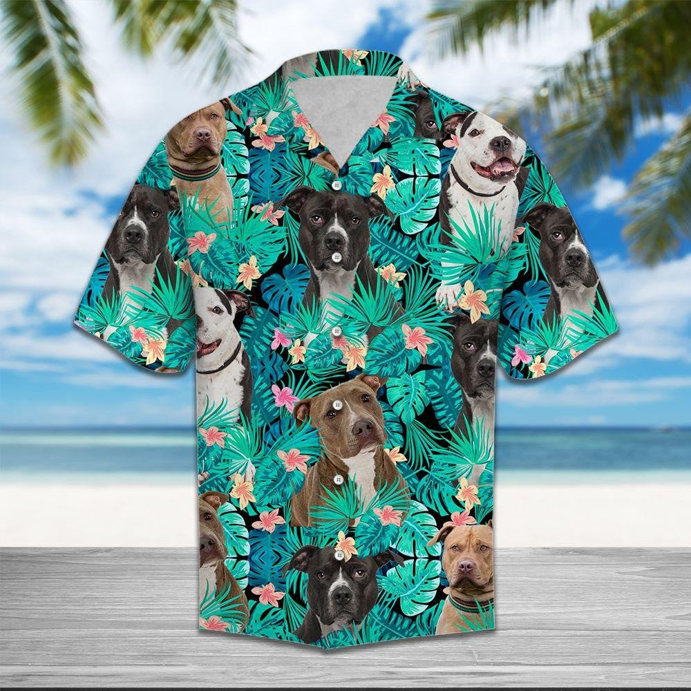 Lovely Pit Bull On Leaves Design Hawaiian Shirt,Hawaiian Shirt Gift, Christmas Gift