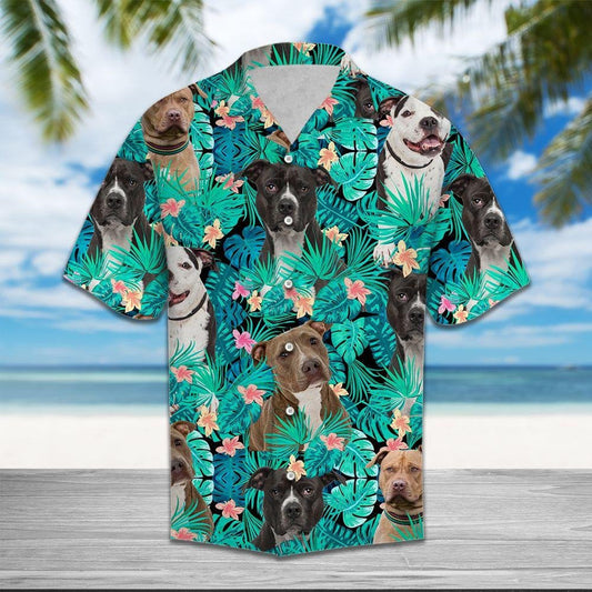 Lovely Pit Bull On Leaves Design Hawaiian Shirt,Hawaiian Shirt Gift, Christmas Gift