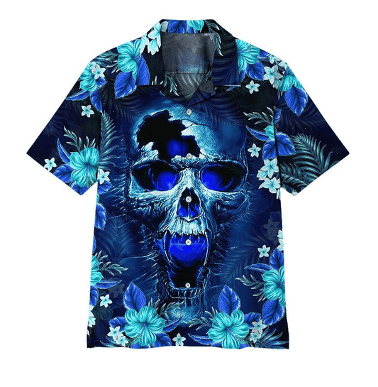 Blue Broken Skull And Flower Ornamental Hawaiian Shirt, Hawaiian For Gift