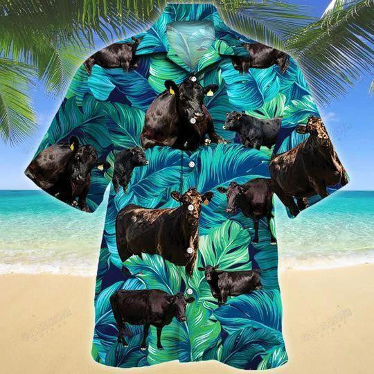 Black Angus Cattle Watercolor Tropical Leaves Pattern Hawaiian Shirt, Hawaiian Shirt Gift, Christmas Gift
