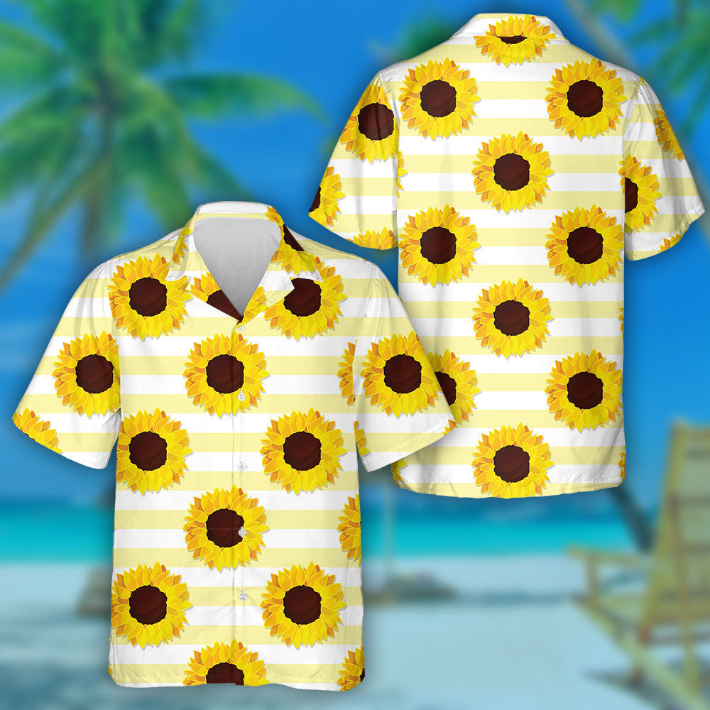 Sunflower Seed Head Flower On Yellow Striped Pattern Hawaiian Shirt, Hawaiian Shirt Gift, Christmas Gift