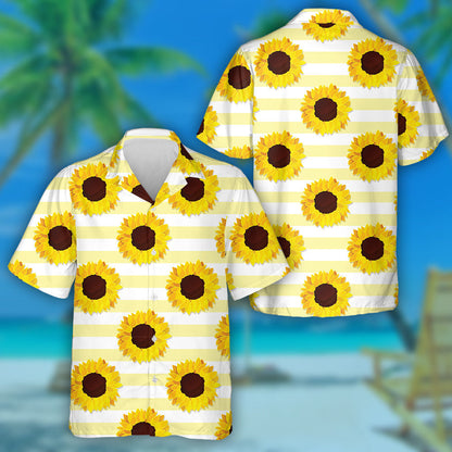 Sunflower Seed Head Flower On Yellow Striped Pattern Hawaiian Shirt, Hawaiian Shirt Gift, Christmas Gift