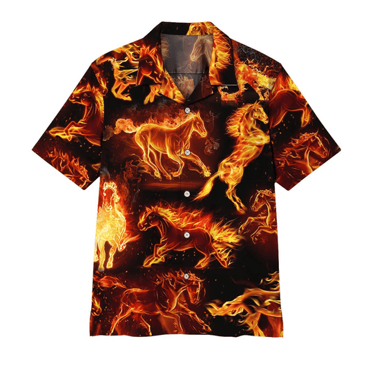 Fire Horse On Black Background Pattern Hawaiian Shirt,Hawaiian Shirt Gift, Christmas Gift