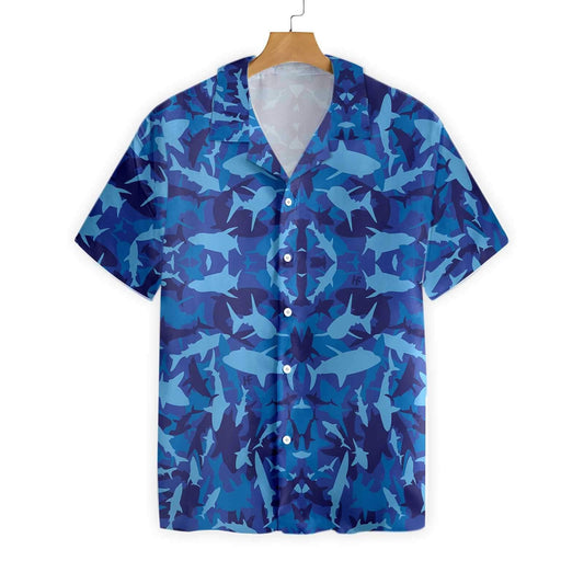 Military With Shark Blue Camo Pattern Design Hawaiian Shirt, Hawaiian Shirt Gift, Christmas Gift