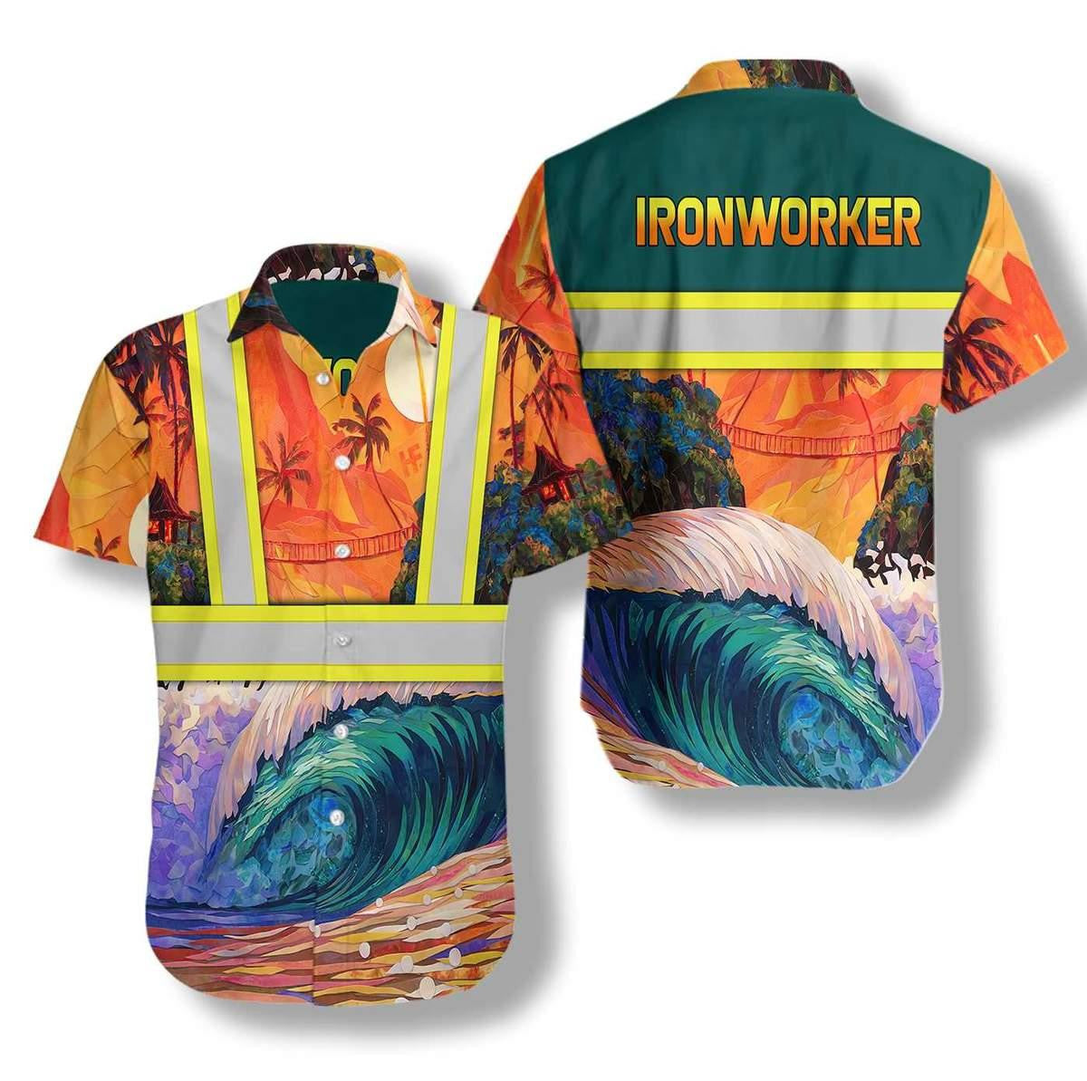 Ironworker Emerald Wave Tropical Palm Trế Art Design Hawaiian Shirt, Hawaiian Shirt Gift, Christmas Gift