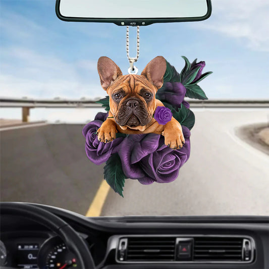 French Bulldog In Purple Rose Car Hanging Ornament, Car Accessories Hanging From Mirror, Christmas Decoration