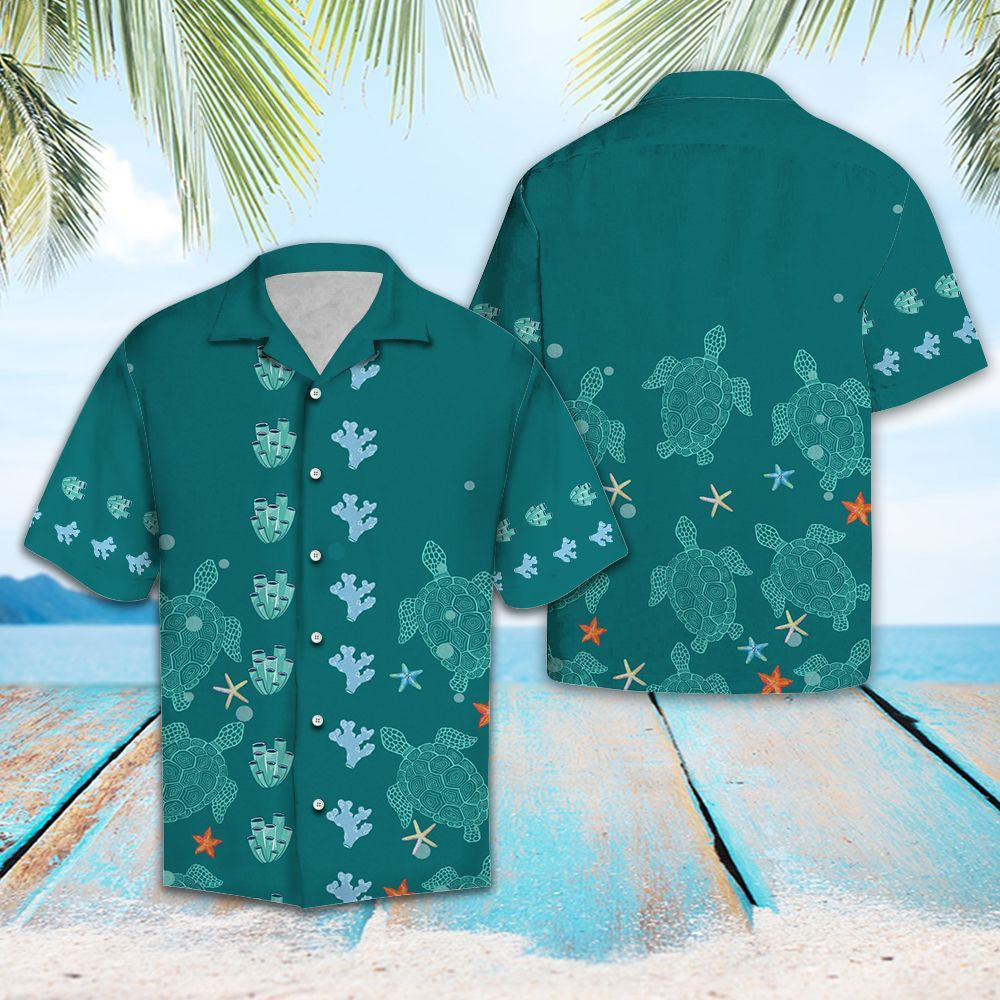 Teal Sea Turtle And Coral Under Ocean Hawaiian Shirt, Hawaiian Shirt Gift, Christmas Gift