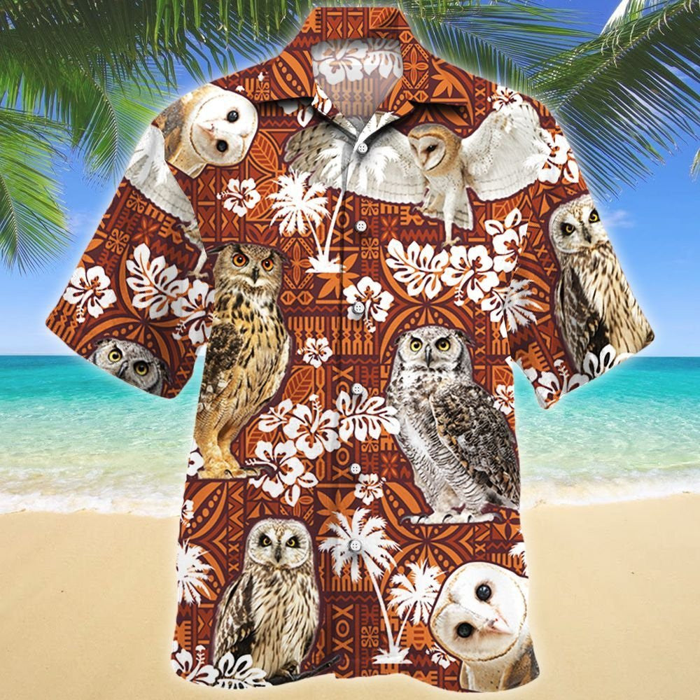 Vintage Themed Of Night Owl Red Tribal Pattern Hawaiian Shirt, Hawaiian Shirt Gift, Christmas Gift