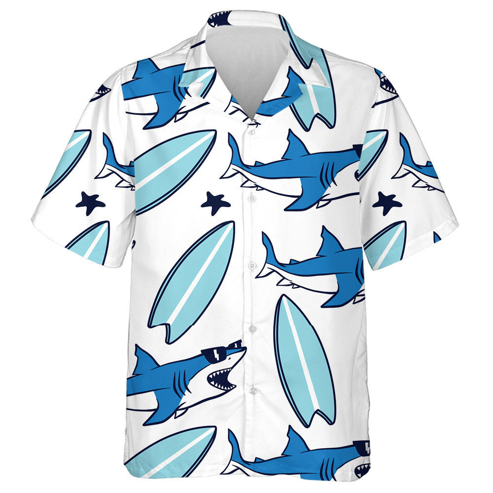 Cool Shark And Surfboard Drawing White Theme Design Hawaiian Shirt, Hawaiian Shirt Gift, Christmas Gift
