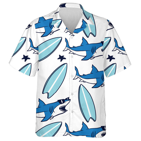 Cool Shark And Surfboard Drawing White Theme Design Hawaiian Shirt, Hawaiian Shirt Gift, Christmas Gift
