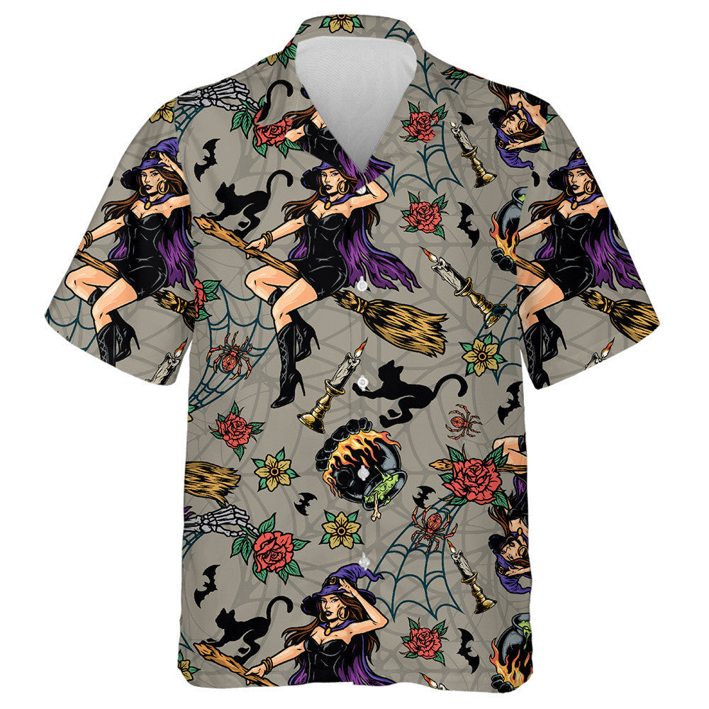 Halloween With Beautiful Witch Flying And Black Cat Hawaiian Shirt, Hawaiian Shirt Gift, Christmas Gift