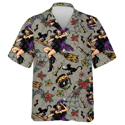 Halloween With Beautiful Witch Flying And Black Cat Hawaiian Shirt, Hawaiian Shirt Gift, Christmas Gift