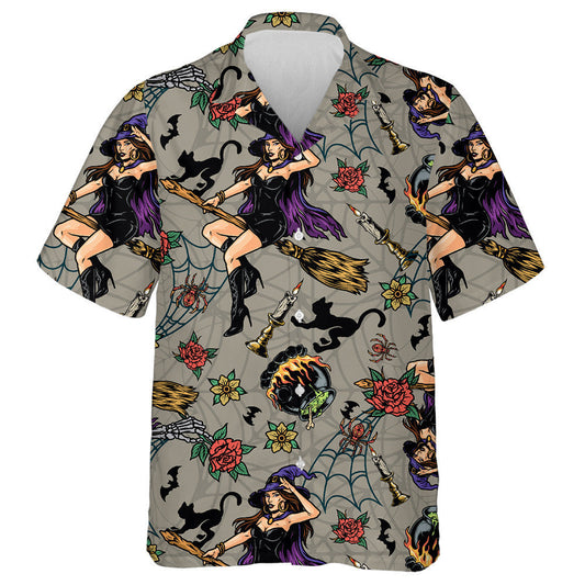 Halloween With Beautiful Witch Flying And Black Cat Hawaiian Shirt, Hawaiian Shirt Gift, Christmas Gift