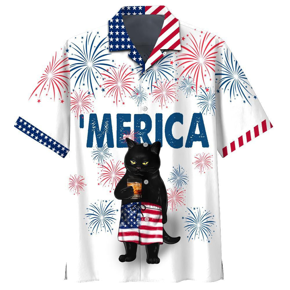 Black Cat Drink Bourbon Design Hawaiian Shirt, Hawaiian For Gift