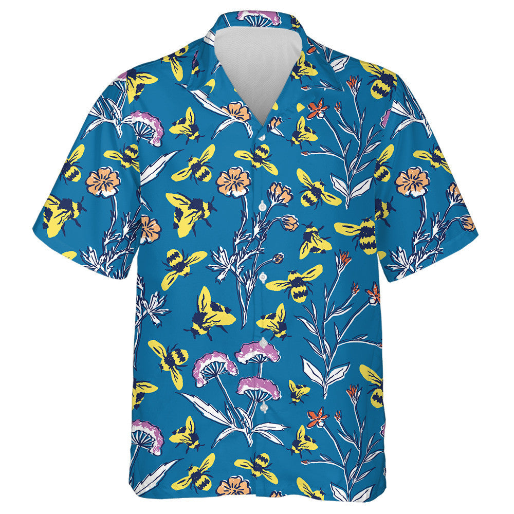 Honey Bee And Spring Meadow On Blue Background Hawaiian Shirt, Hawaiian Shirt Gift, Christmas Gift
