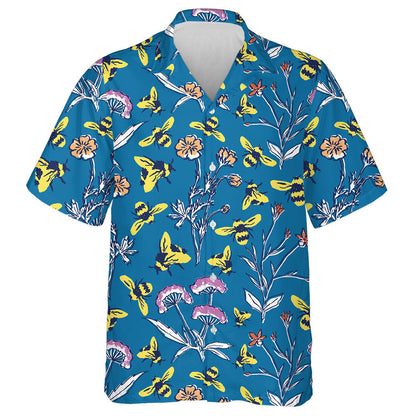 Honey Bee And Spring Meadow On Blue Background Hawaiian Shirt, Hawaiian Shirt Gift, Christmas Gift