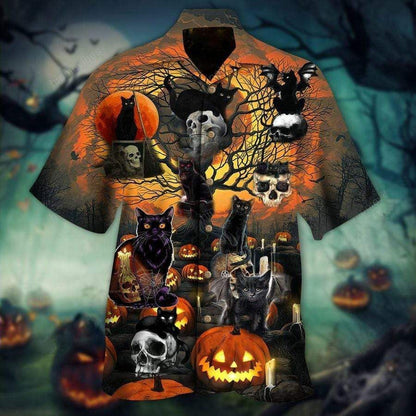Black Cat Skull And Halloween Tree Ornamental Hawaiian Shirt, Hawaiian Shirt Gift, Christmas Gift