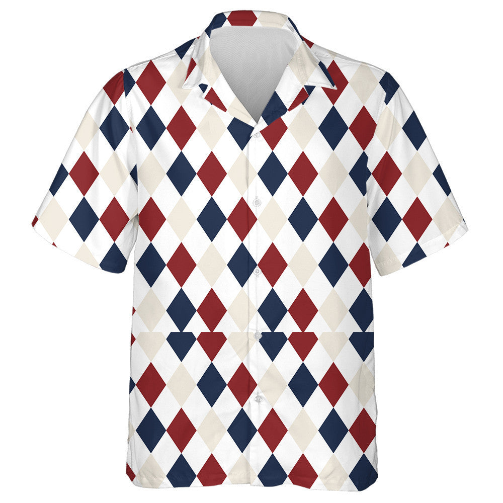 Classic Diamond Repeating Pattern In Red Blue And White Hawaiian Shirt, Hawaiian Shirt Gift, Christmas Gift