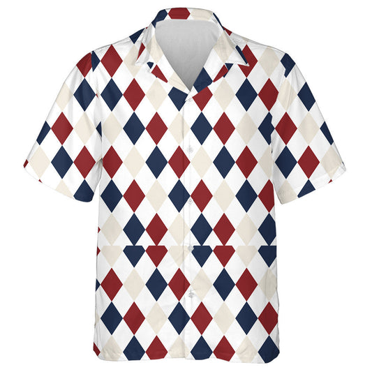 Classic Diamond Repeating Pattern In Red Blue And White Hawaiian Shirt, Hawaiian Shirt Gift, Christmas Gift