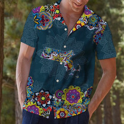 Vintage Map Of Massachusetts Mandala Style Flower Patchwork Hawaiian Shirt, Hawaiian Shirt Gift, Christmas Gift