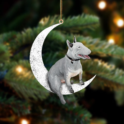 Bull Terrier-Sit On The Moon-Two Sided Christmas Plastic Hanging Ornament, Happy Christmas Ornament, Christmas Gift, Christmas Decoration