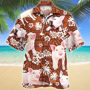 Cute Pig Red Tribal Palm Tree Pattern Hawaiian Shirt, Hawaiian Shirt Gift, Christmas Gift