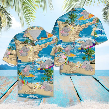 Cartoon Baby Elephant On Island Summer Vacation Pattern Hawaiian Shirt, Hawaiian Shirt Gift, Christmas Gift