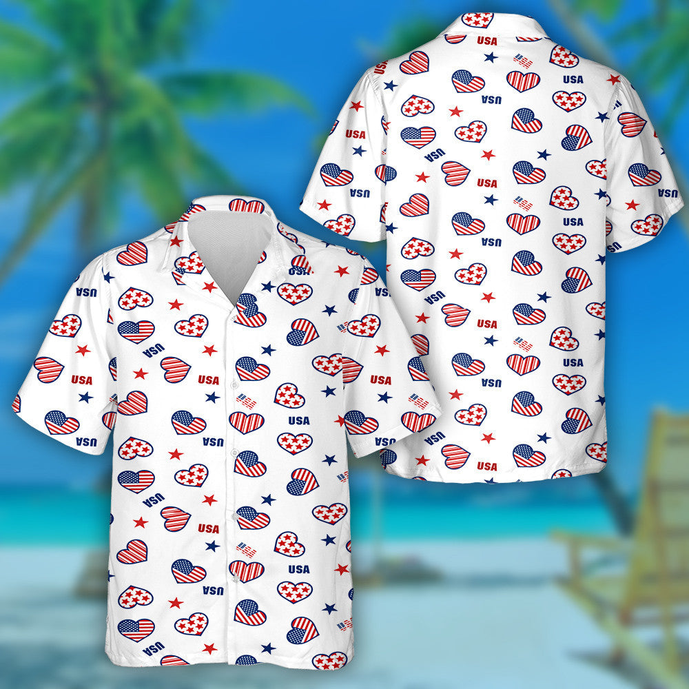 Patriotic Star And Heart Shape American Flag Pattern Hawaiian Shirt, Hawaiian Shirt Gift, Christmas Gift