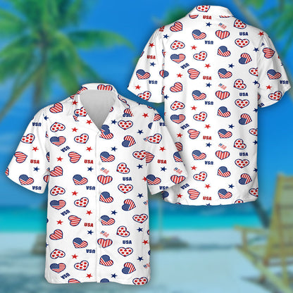 Patriotic Star And Heart Shape American Flag Pattern Hawaiian Shirt, Hawaiian Shirt Gift, Christmas Gift