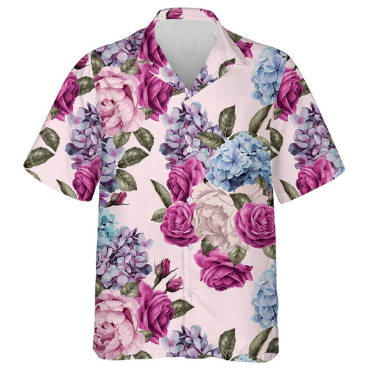 Watercolor Vintage Pink Rose Light Blue Floral Pattern Hawaiian Shirt, Hawaiian Shirt Gift, Christmas Gift