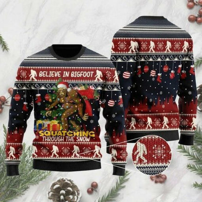 Believe In Bigfoot Squatching Through The Snow Ugly Christmas Sweater, Christmas Gift, Gift Christmas 2024