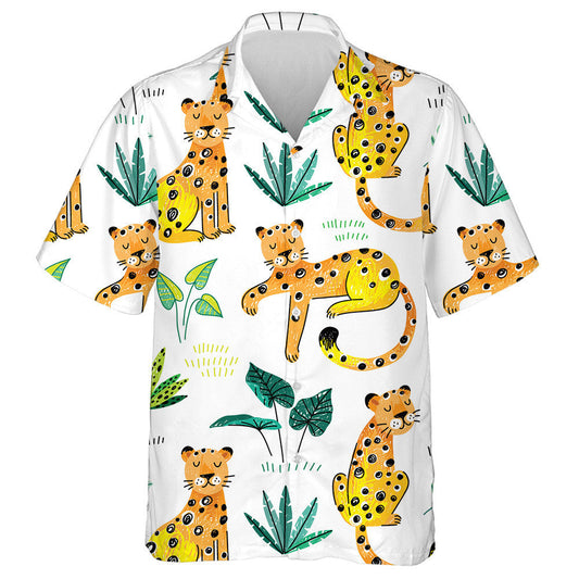 Leopard Hand Drawn Tropical Summer Exotic Plant Hawaiian Shirt, Hawaiian Shirt Gift, Christmas Gift