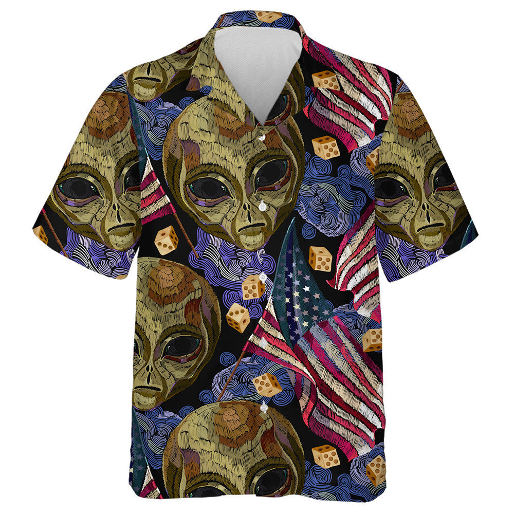 Creepy Alien Head Rippled American Flag Embroidery Pattern Hawaiian Shirt, Hawaiian Shirt Gift, Christmas Gift