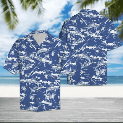 Fishing Summer White Pattern Royal Blue Theme Hawaiian Shirt, Hawaiian Shirt Gift, Christmas Gift