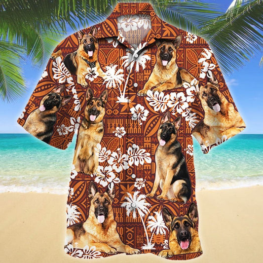 Lovely German Shepherd Dog Lovers Red Tribal Pattern Hawaiian Shirt, Hawaiian Shirt Gift, Christmas Gift