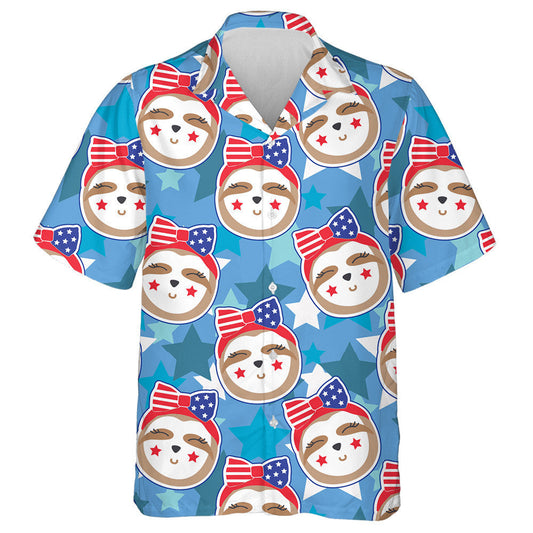Cute Sloth Smiling Faces Patriotic Blue Star Background Hawaiian Shirt, Hawaiian Shirt Gift, Christmas Gift